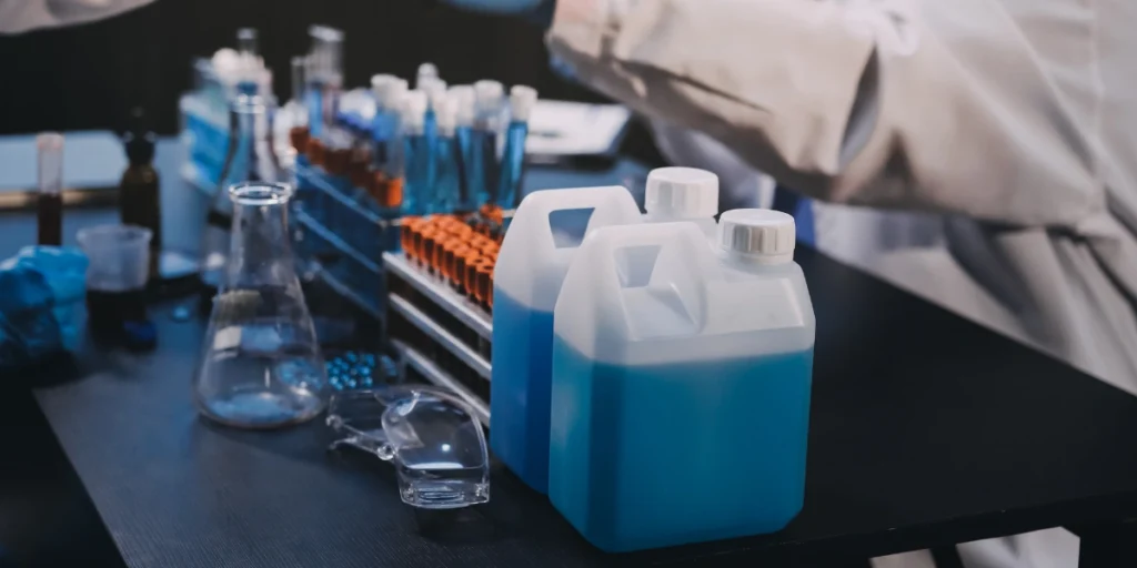 Laboratory setup with blue chemical containers – Third Party Manufacturer in Pakistan.