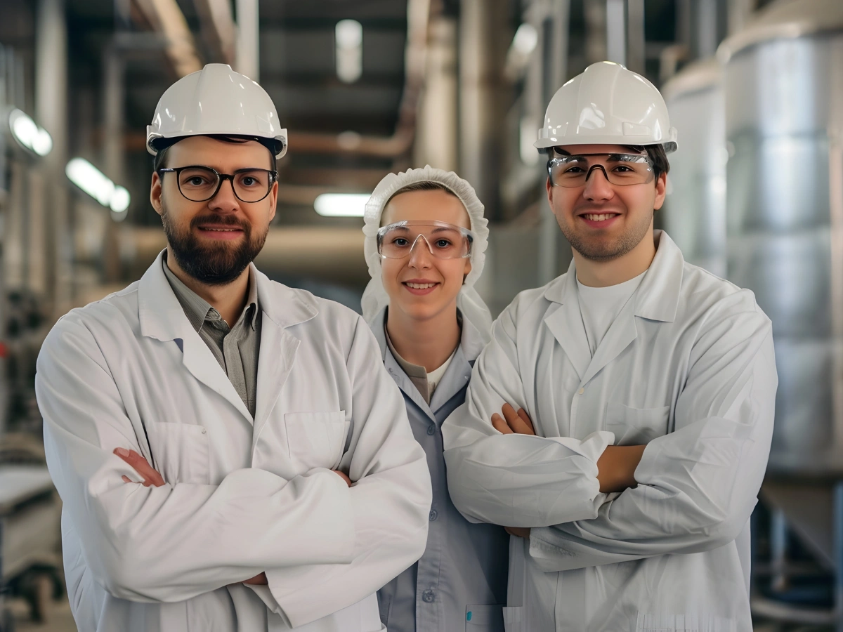 Factory specialists posing with safety gear, symbolizing a contract-based zero investment company Pakistan supporting manufacturing with no capital setup.