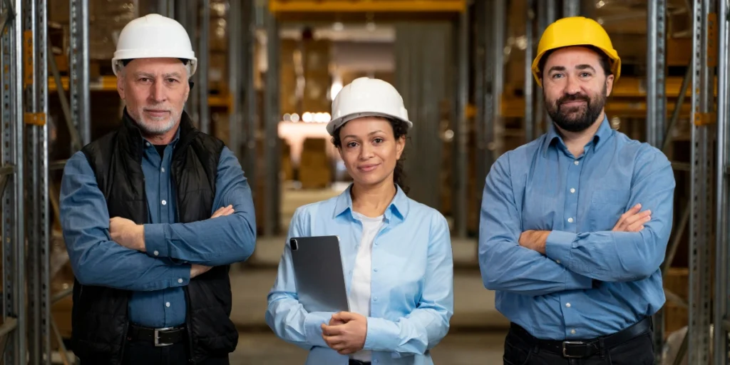 Confident industrial professionals standing in warehouse, showcasing a zero investment company Pakistan enabling growth without upfront investment.