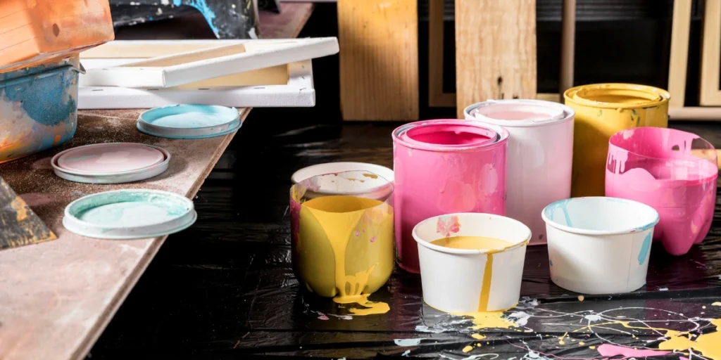 Colorful paint containers and materials in an industrial workspace representing CPEC Chemical Logistics handling chemical supplies