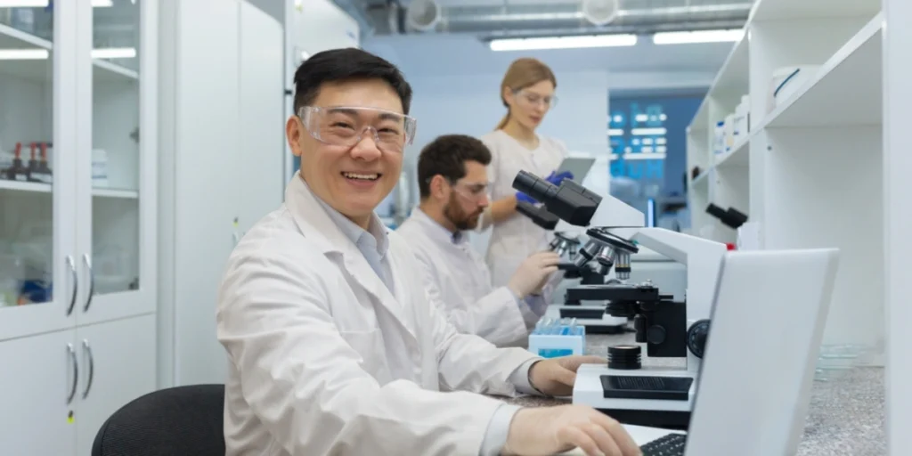 Research team working with microscopes and computers delivering reliable chemical services in a high-tech laboratory.