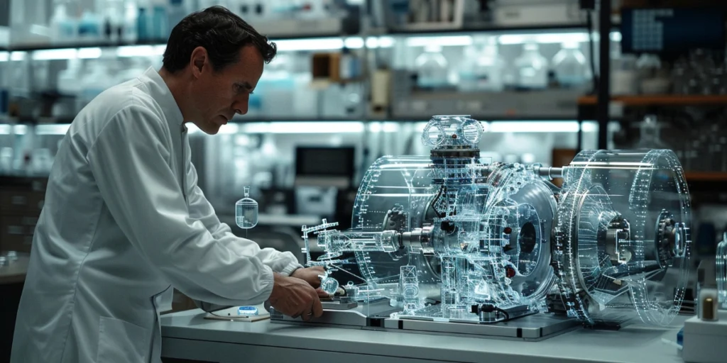 AI-Powered Toll Manufacturing system model being analyzed by an engineer in a high-tech lab.