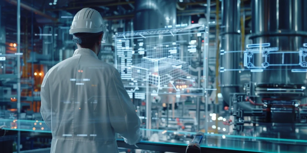 Engineer overseeing digital twin interface for AI-Powered Toll Manufacturing in a smart factory.