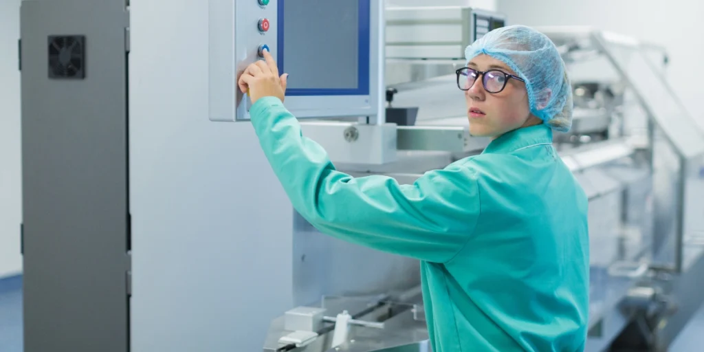 Lab technician operating control panel for chemical compliance Pakistan in a modern industrial facility
