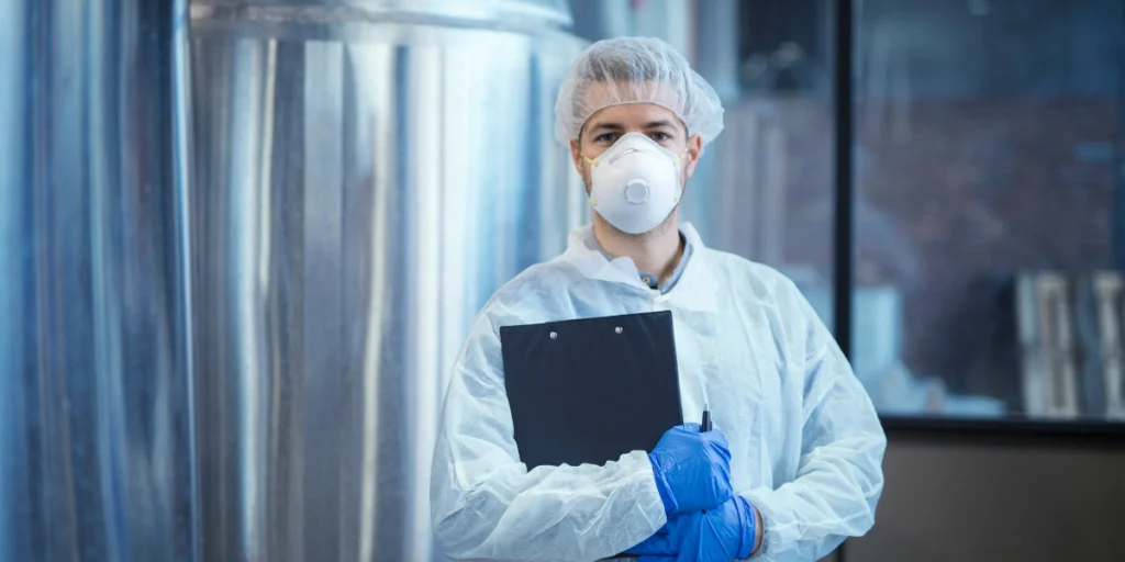 Safety inspector wearing mask reviewing checklist for chemical compliance Pakistan in manufacturing plant