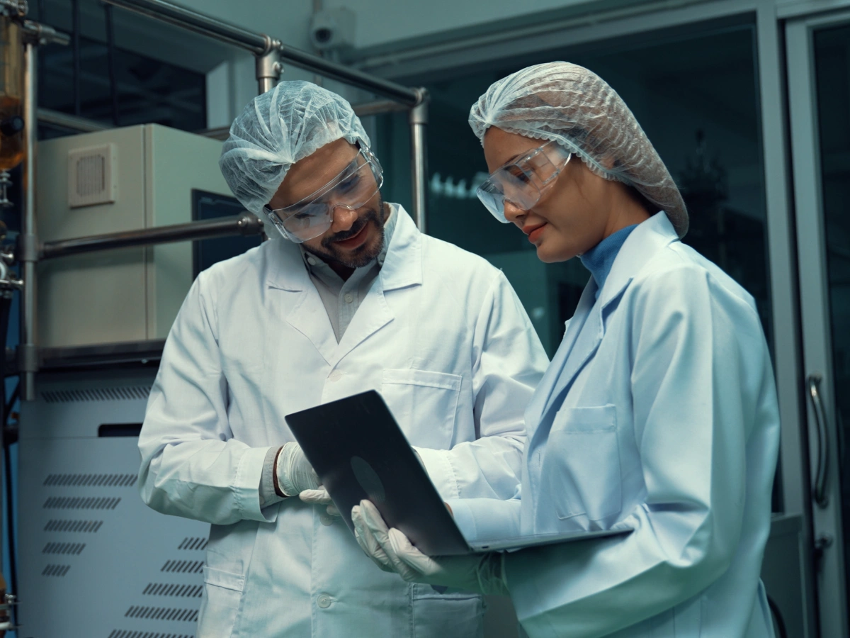 Scientists analyzing data on tablet to ensure chemical compliance Pakistan in laboratory environment